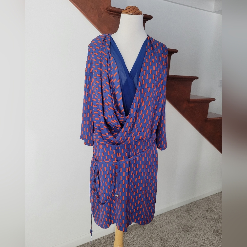 Diane von Furstenberg - Funky Blue & Orange Print Silk Mini Dress Size 14
